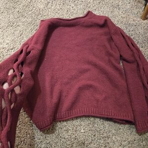 Burgundy Crew Neck Sweater with Lattice Sleeves